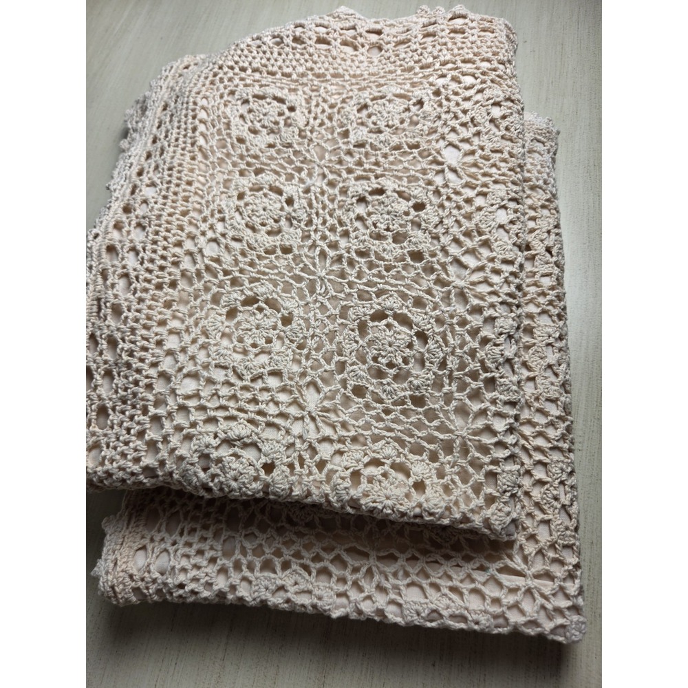 Vtg Crochet Pilliw Covers Shams Beige Lined 19x24 Set of 2 Shabby Chic County
